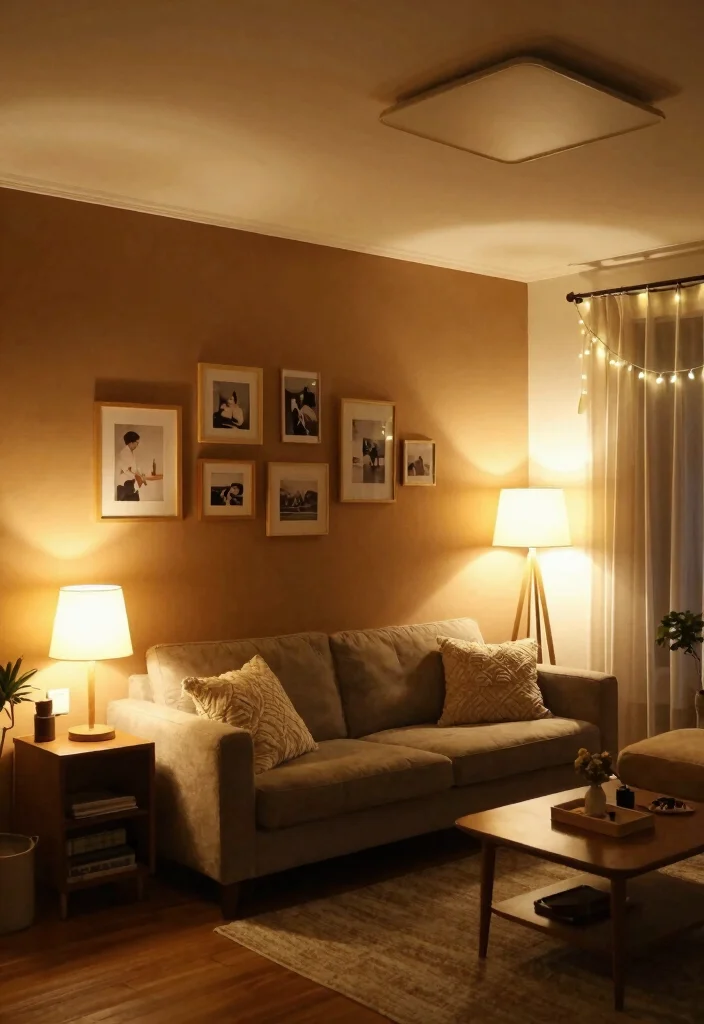 16 Brown Accent Wall Living Room Ideas: Warm, Cozy Depth - 6. Layered Lighting for Warmth 1