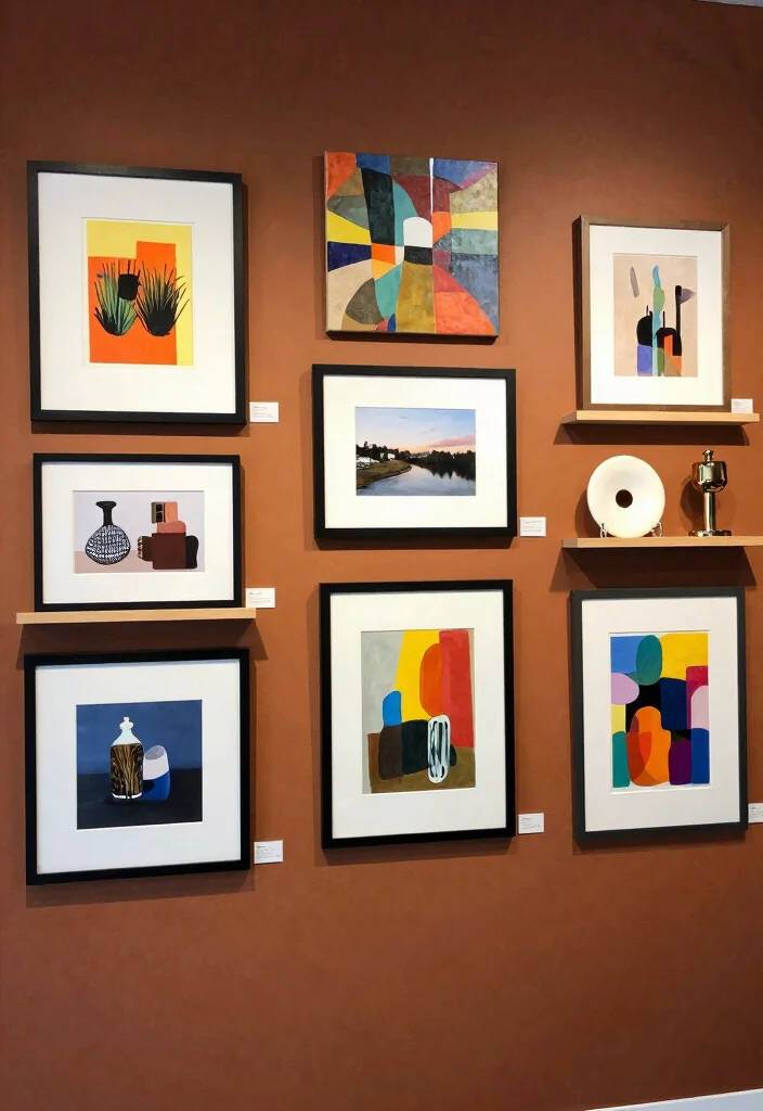 16 Brown Accent Wall Living Room Ideas: Warm, Cozy Depth - 7. Artful Wall Decor 1