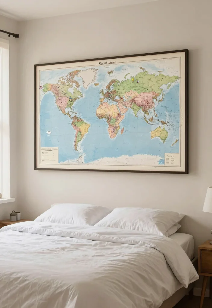 16 Empty Wall Ideas Bedroom: Simple Decor Solutions - 10. Map or Travel-Inspired Decor 1