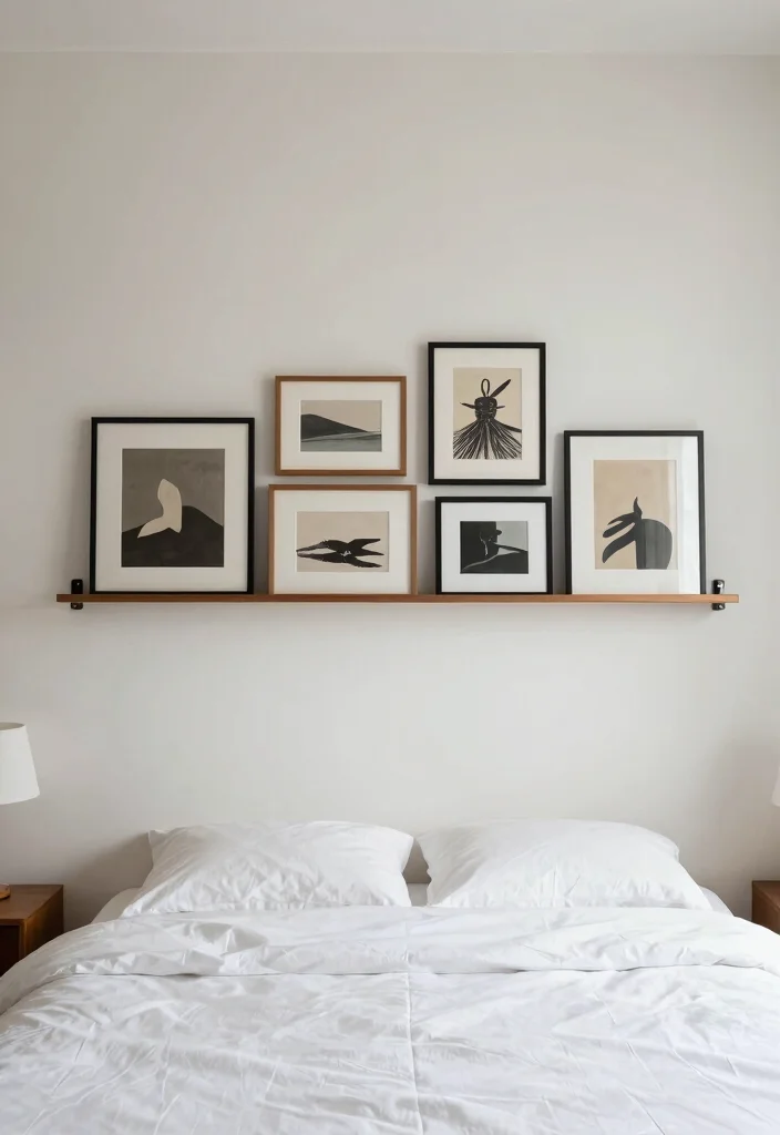 16 Empty Wall Ideas Bedroom: Simple Decor Solutions - 13. Minimalist Art Display Rail 1