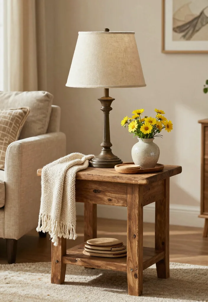 16 End Table Decor Living Room With Lamp Ideas: Warm Layered Look - 1. Layered Textures with a Vintage Lamp 1