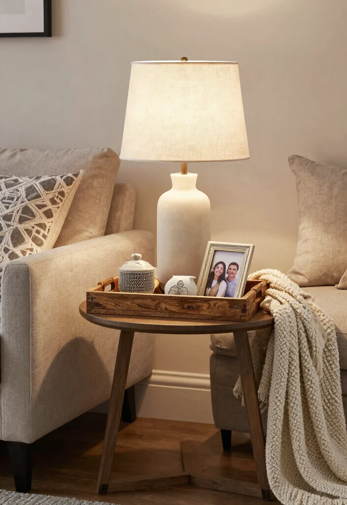 16 End Table Decor Living Room With Lamp Ideas: Warm Layered Look - 4. Cozy Cottage Vibes with Layered Fabrics 1