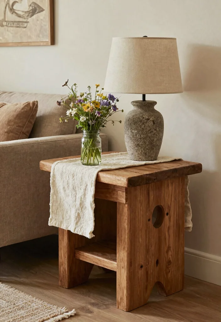 16 End Table Decor Living Room With Lamp Ideas: Warm Layered Look - 5. Rustic Wood and Stone Combination 1