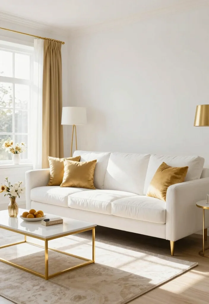 16 Gold Wall Decor Living Room Ideas for an Elegant Luxe Touch - 11. Gold and White Color Scheme 1