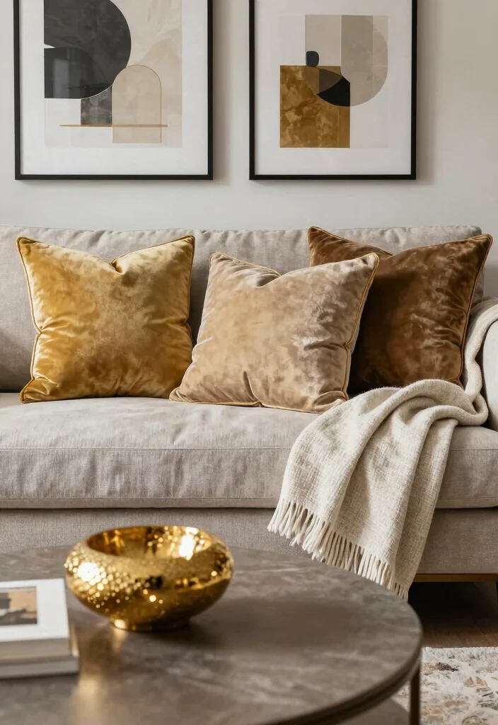16 Gold Wall Decor Living Room Ideas for an Elegant Luxe Touch - 14. Layered Textures with Gold 1