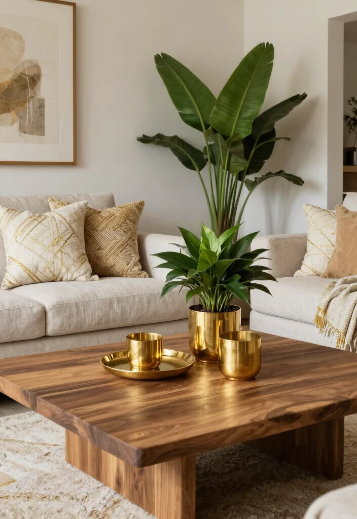 16 Gold Wall Decor Living Room Ideas for an Elegant Luxe Touch - 16. Gold and Natural Elements 1