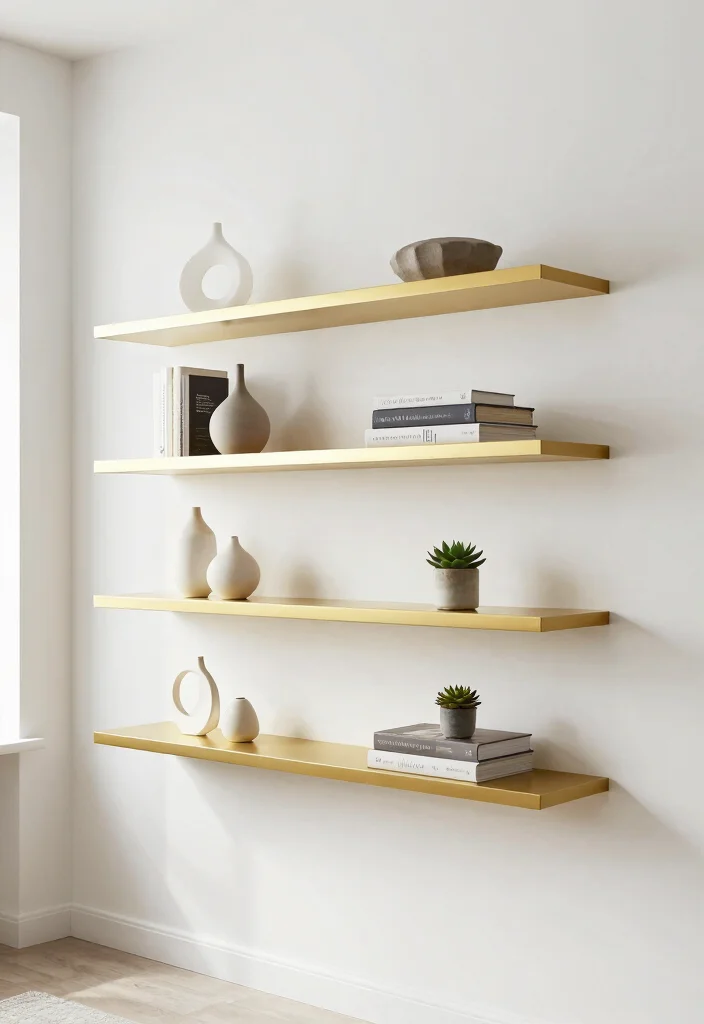 16 Gold Wall Decor Living Room Ideas for an Elegant Luxe Touch - 3. Gold Accent Shelves 1