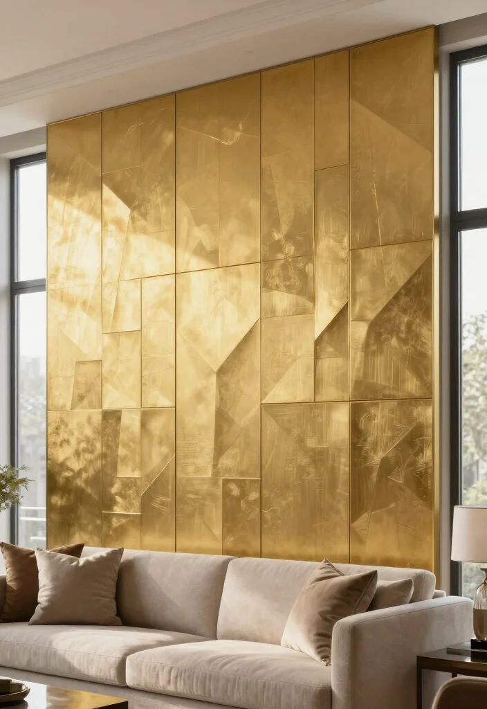 16 Gold Wall Decor Living Room Ideas for an Elegant Luxe Touch - 5. Gold Wall Panels 1