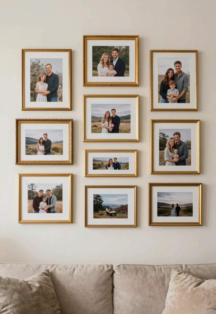 16 Gold Wall Decor Living Room Ideas for an Elegant Luxe Touch - 7. Gold Framed Photos 1