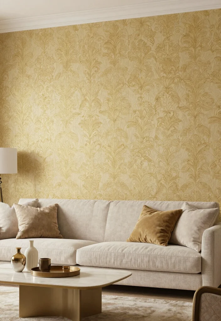 16 Gold Wall Decor Living Room Ideas for an Elegant Luxe Touch - 8. Gold Accent Wallpaper 1