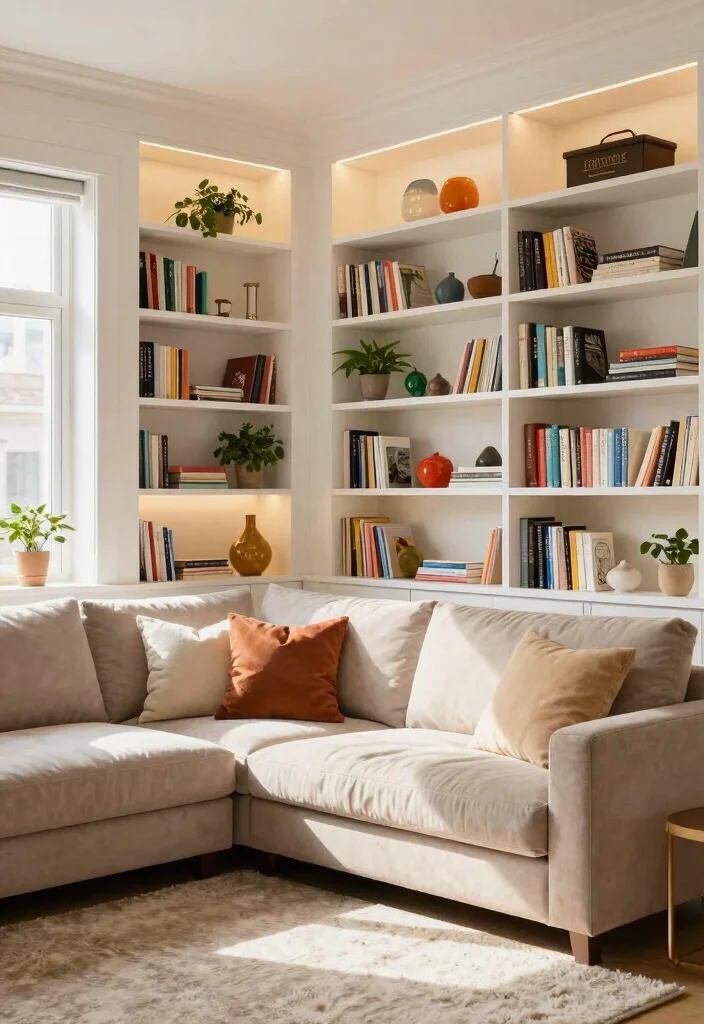 16 L Shape Sofa Living Room Cozy Ideas Perfect Layouts - 6. Utilize Space with Built-In Shelving 1
