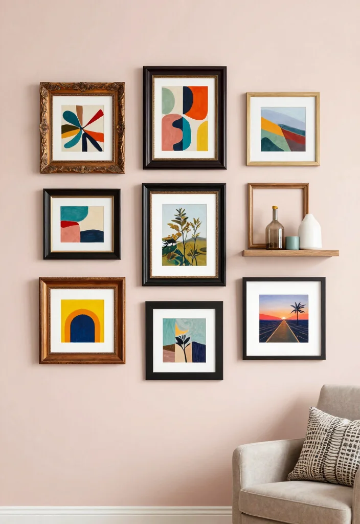 16 Living Room Art Wall Ideas for Gallery Inspired Displays - 1. Eclectic Mix of Frames 1