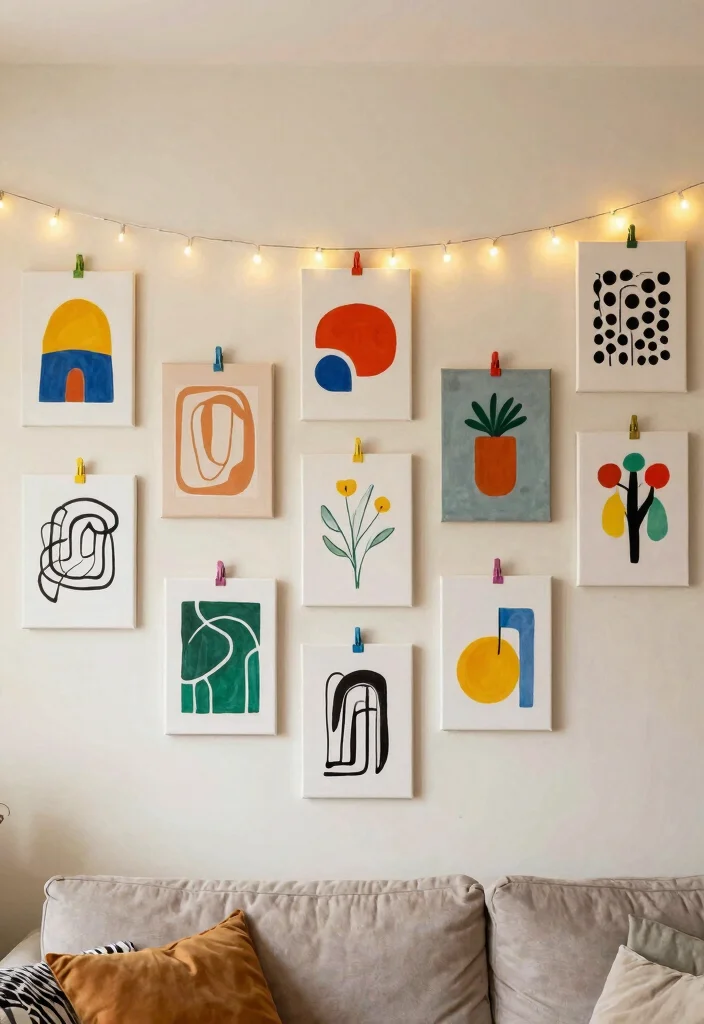 16 Living Room Art Wall Ideas for Gallery Inspired Displays - 10. Canvases on a Wire or String 1
