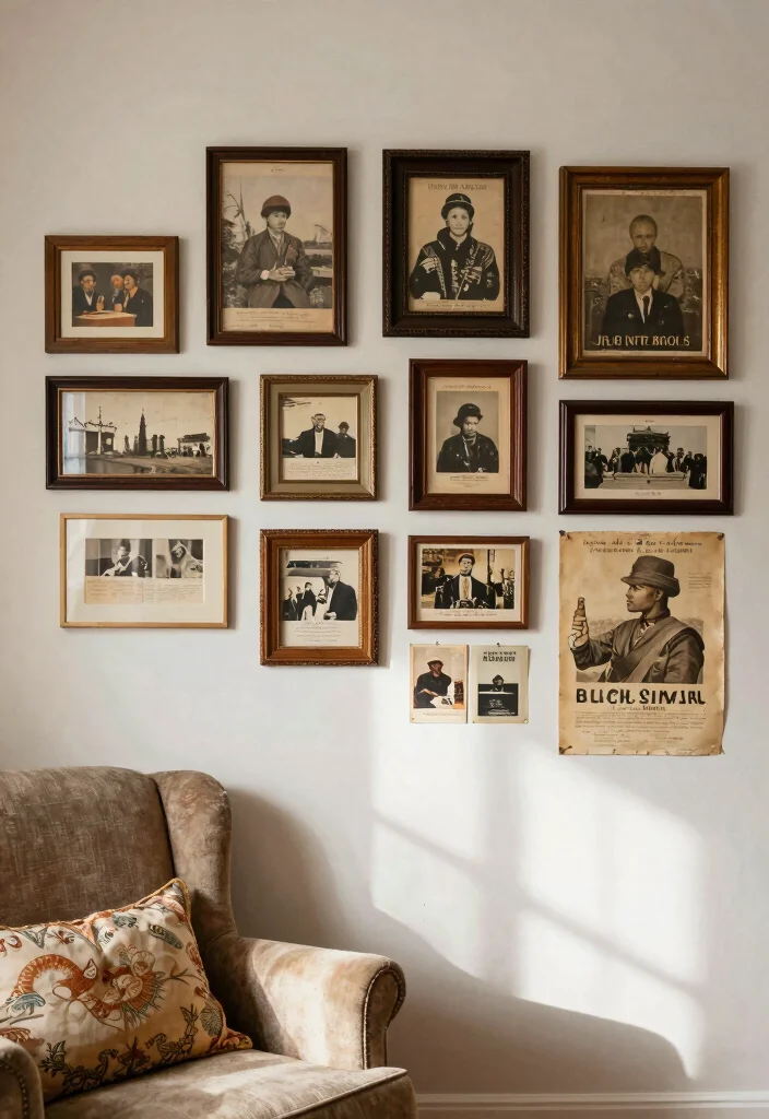 16 Living Room Art Wall Ideas for Gallery Inspired Displays - 11. Vintage Finds for Character 1