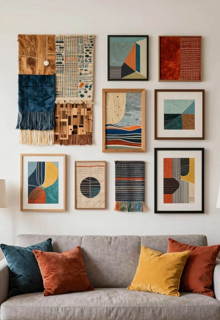 16 Living Room Art Wall Ideas for Gallery Inspired Displays - 12. Mixed Media Masterpieces 1
