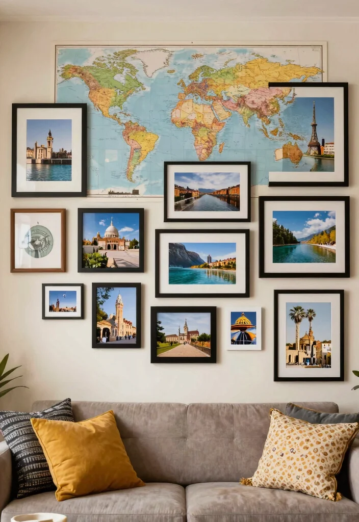 16 Living Room Art Wall Ideas for Gallery Inspired Displays - 13. Art Inspired by Travel 1