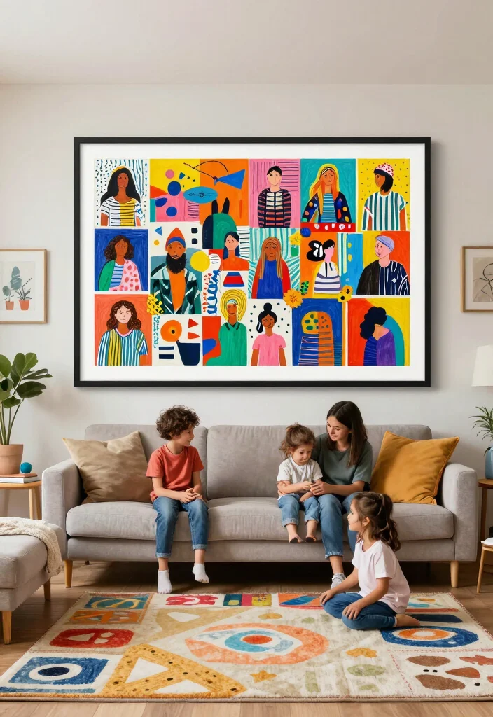16 Living Room Art Wall Ideas for Gallery Inspired Displays - 14. Family Collaboration Art Piece 1