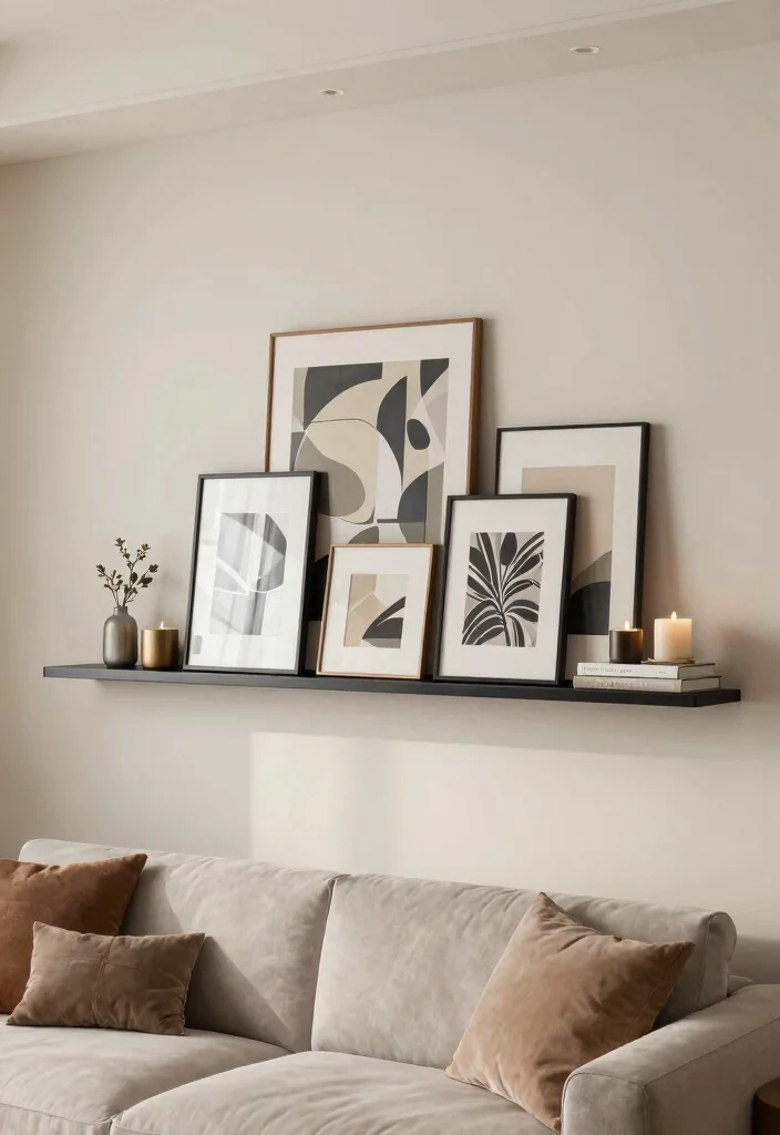 16 Living Room Art Wall Ideas for Gallery Inspired Displays - 4. Gallery Ledge for Easy Rearrangement 1