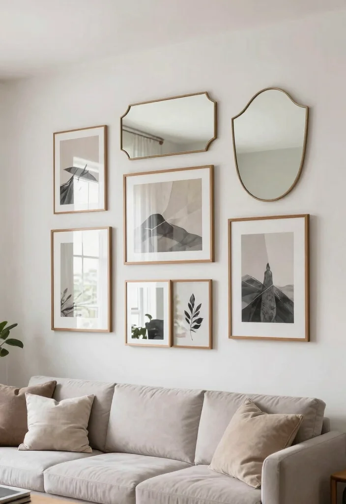 16 Living Room Art Wall Ideas for Gallery Inspired Displays - 8. Using Mirrors to Expand Space 1