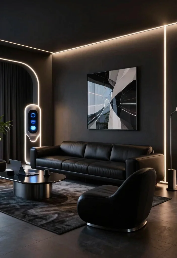 16 Living Room Black Sofa Ideas: Modern Bold Styling - 15. Futuristic Flair 1