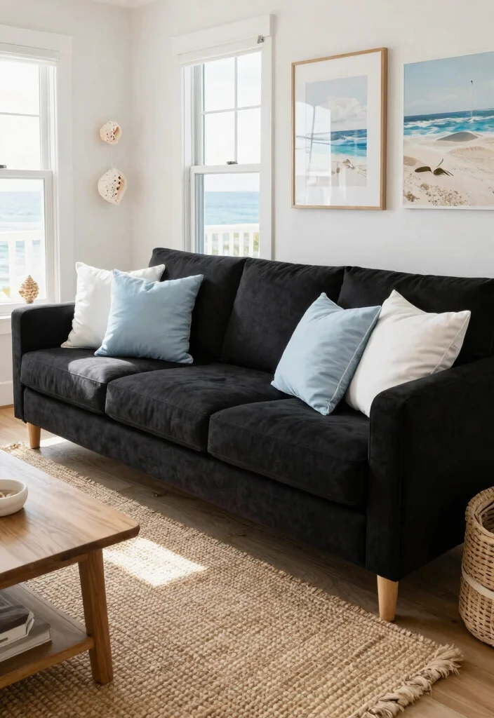 16 Living Room Black Sofa Ideas: Modern Bold Styling - 16. Coastal Calm 1