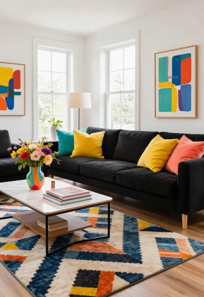 16 Living Room Black Sofa Ideas: Modern Bold Styling - 2. Pops of Color 1