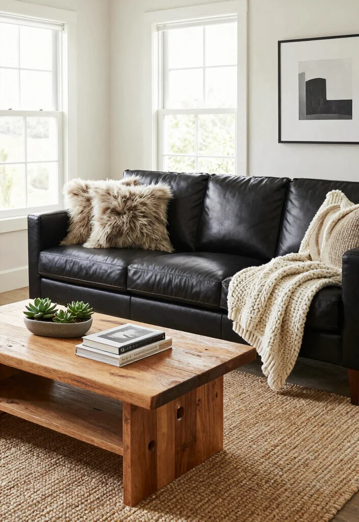 16 Living Room Black Sofa Ideas: Modern Bold Styling - 3. Textural Contrast 1