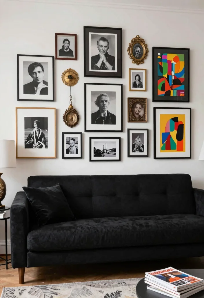16 Living Room Black Sofa Ideas: Modern Bold Styling - 4. Layered Artwork 1