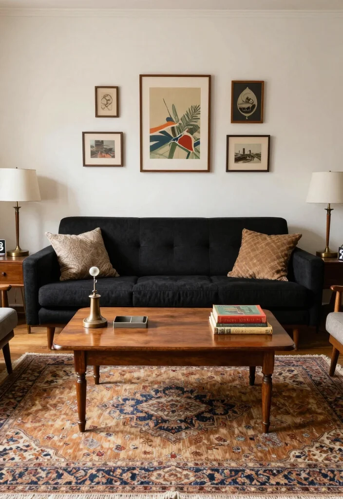 16 Living Room Black Sofa Ideas: Modern Bold Styling - 6. Vintage Twist 1