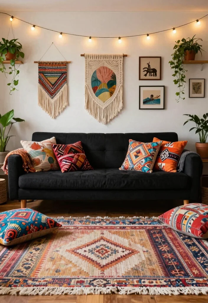 16 Living Room Black Sofa Ideas: Modern Bold Styling - 7. Bohemian Vibes 1