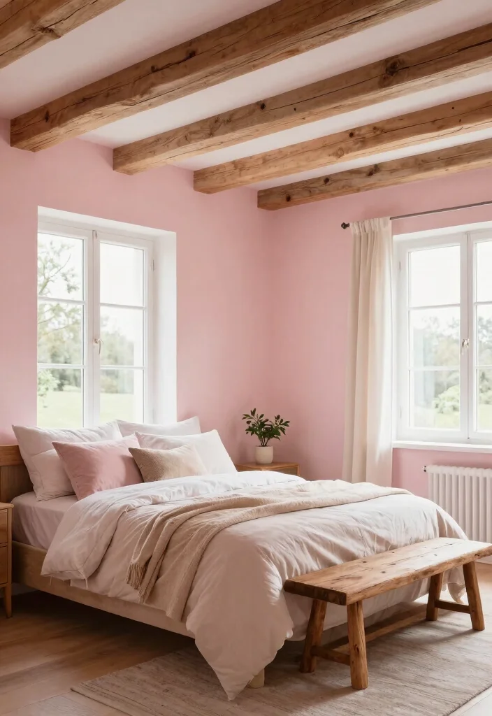 16 Pink and Wood Bedroom Ideas for a Soft Warm Balance - 1. Pastel Pink Walls with Natural Wood Beams 1