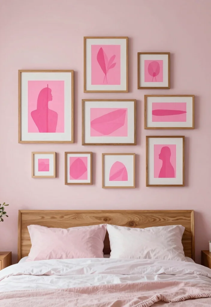 16 Pink and Wood Bedroom Ideas for a Soft Warm Balance - 10. Pink and Wood Artwork Display 1