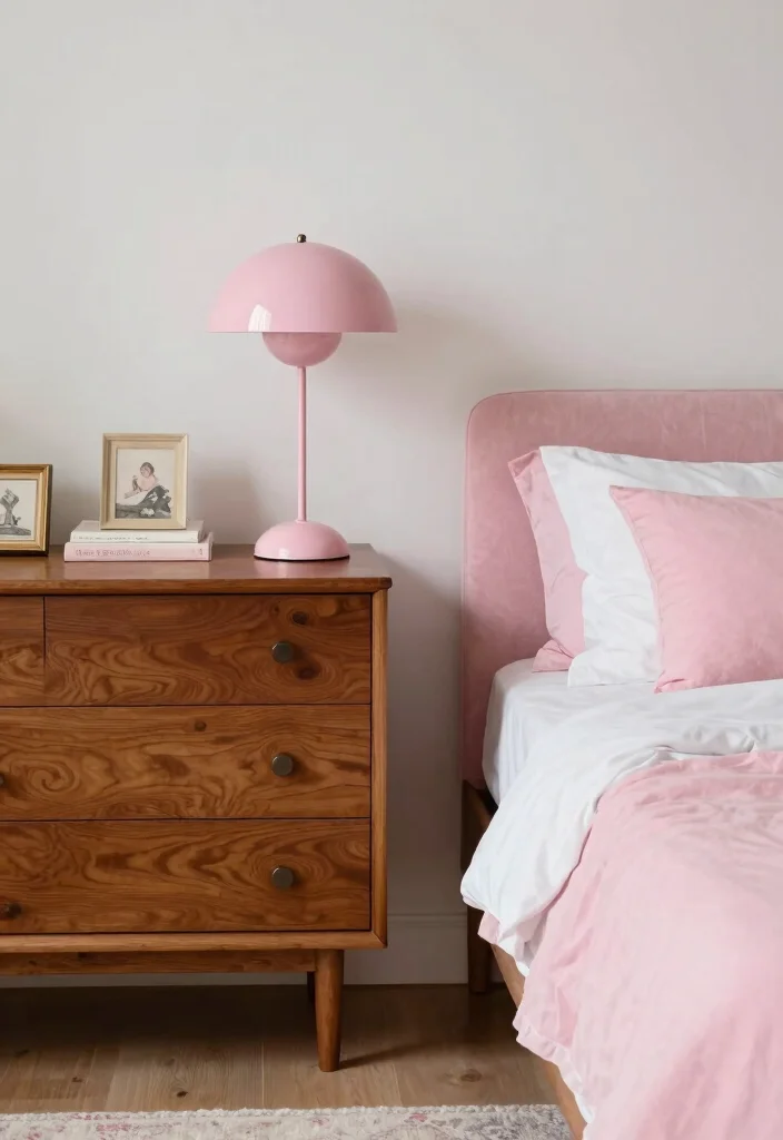 16 Pink and Wood Bedroom Ideas for a Soft Warm Balance - 11. Combining Modern and Vintage Elements 1