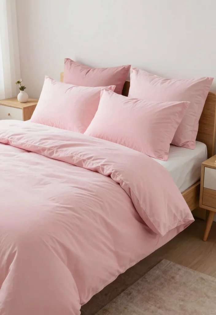 16 Pink and Wood Bedroom Ideas for a Soft Warm Balance - 12. Pink Bedding with Wood Accents 1