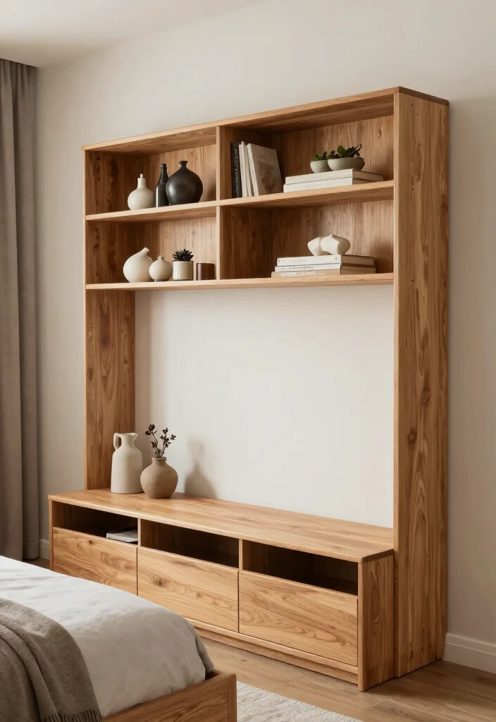 16 Pink and Wood Bedroom Ideas for a Soft Warm Balance - 14. Smart Storage Solutions in Wood 1