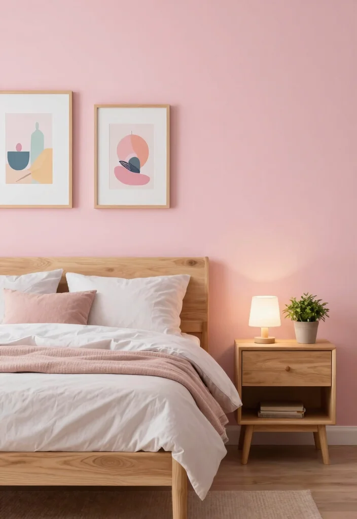 16 Pink and Wood Bedroom Ideas for a Soft Warm Balance - 2. Pink Accent Wall with Light Wood Furniture 1