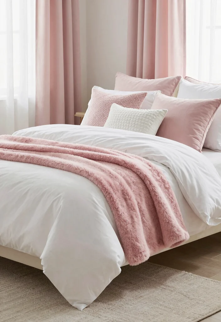 16 Pink and Wood Bedroom Ideas for a Soft Warm Balance - 3. Layered Textiles in Pink and White 1