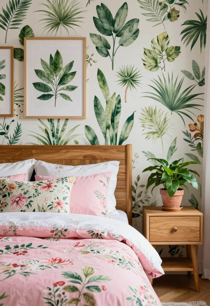 16 Pink and Wood Bedroom Ideas for a Soft Warm Balance - 6. Botanical Prints with Pink and Wood Accents 1