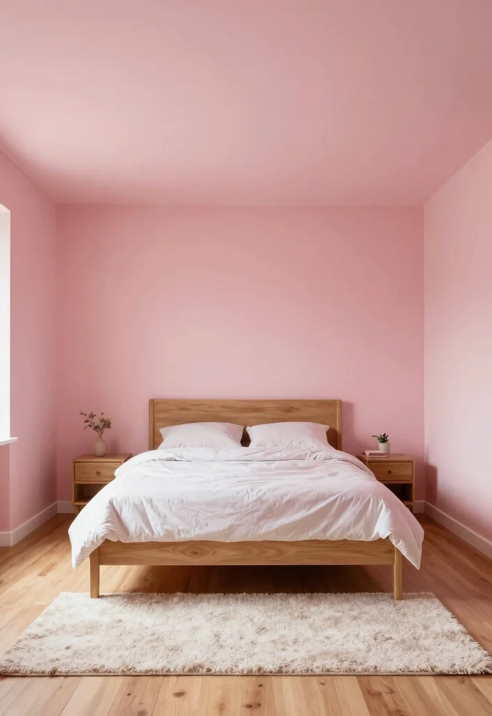 16 Pink and Wood Bedroom Ideas for a Soft Warm Balance - 9. Pink Ceiling Accents and Wooden Floors 1