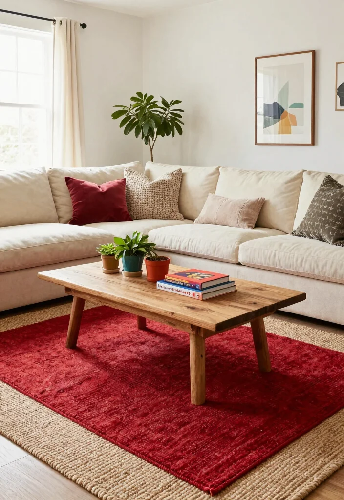 16 Red Rug Living Room Decor Ideas: Statement Color Pop - 1. Layered Textures with a Bold Red Rug 1
