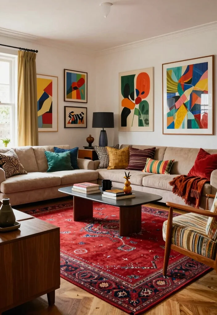 16 Red Rug Living Room Decor Ideas: Statement Color Pop - 10. Eclectic Mix 1