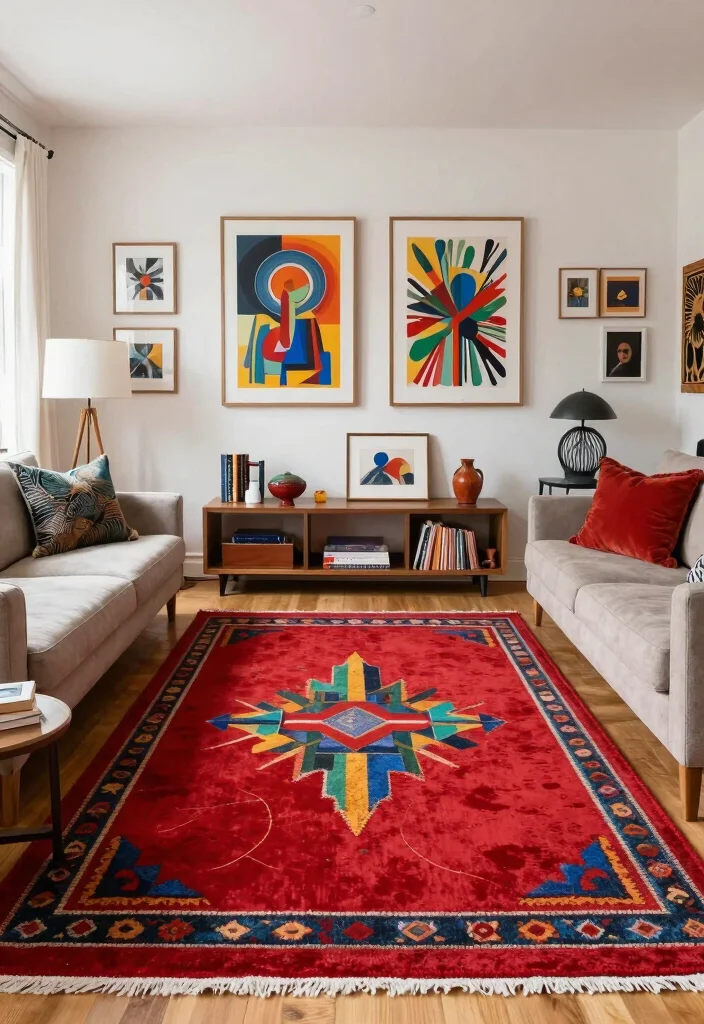 16 Red Rug Living Room Decor Ideas: Statement Color Pop - 11. Artistic Flair 1