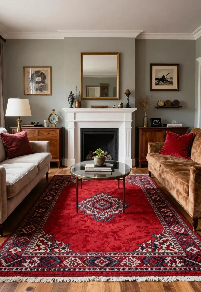 16 Red Rug Living Room Decor Ideas: Statement Color Pop - 14. Vintage Meets Modern 1