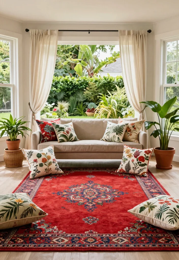 16 Red Rug Living Room Decor Ideas: Statement Color Pop - 16. Outdoor-Inspired 1