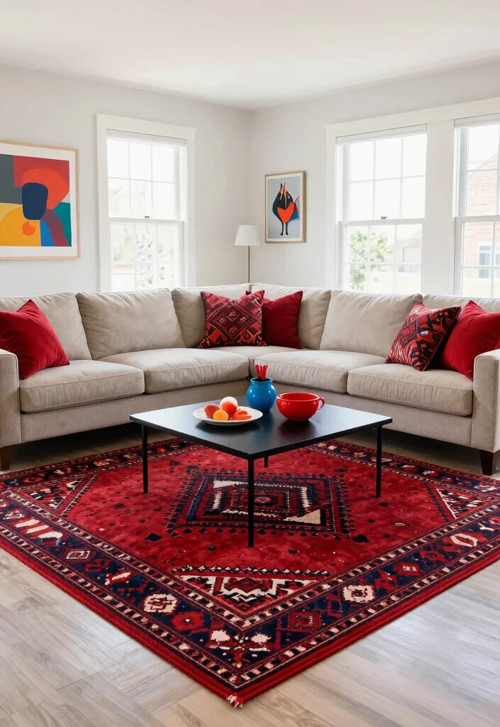 16 Red Rug Living Room Decor Ideas: Statement Color Pop - 3. Playful Patterns and Prints 1