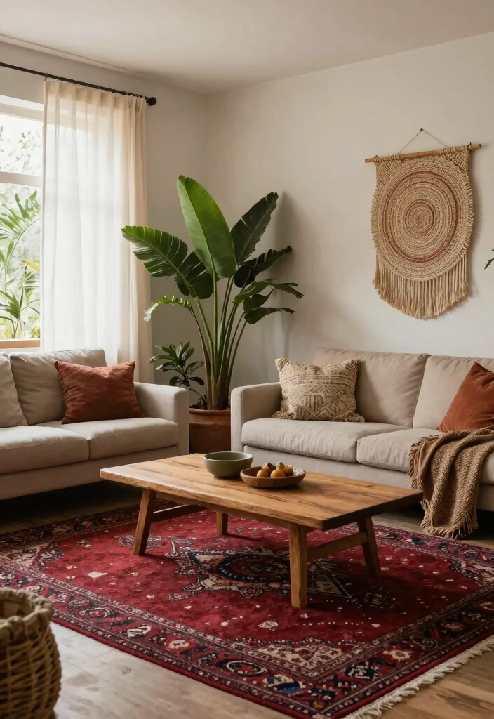 16 Red Rug Living Room Decor Ideas: Statement Color Pop - 4. Earthy Bohemian Vibes 1