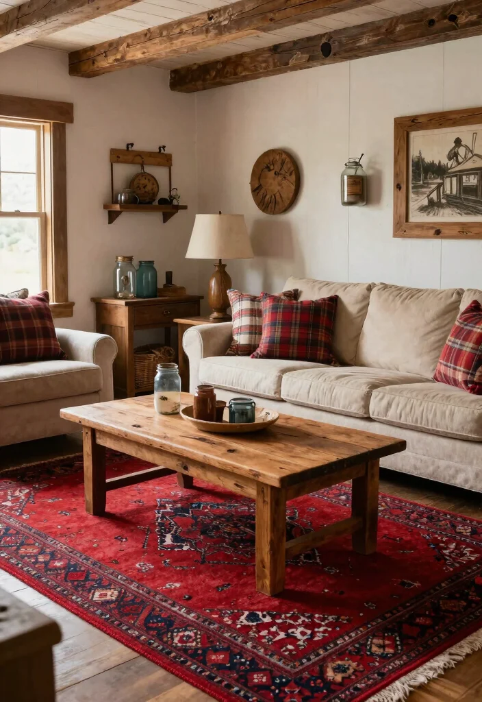 16 Red Rug Living Room Decor Ideas: Statement Color Pop - 7. Rustic Farmhouse Charm 1