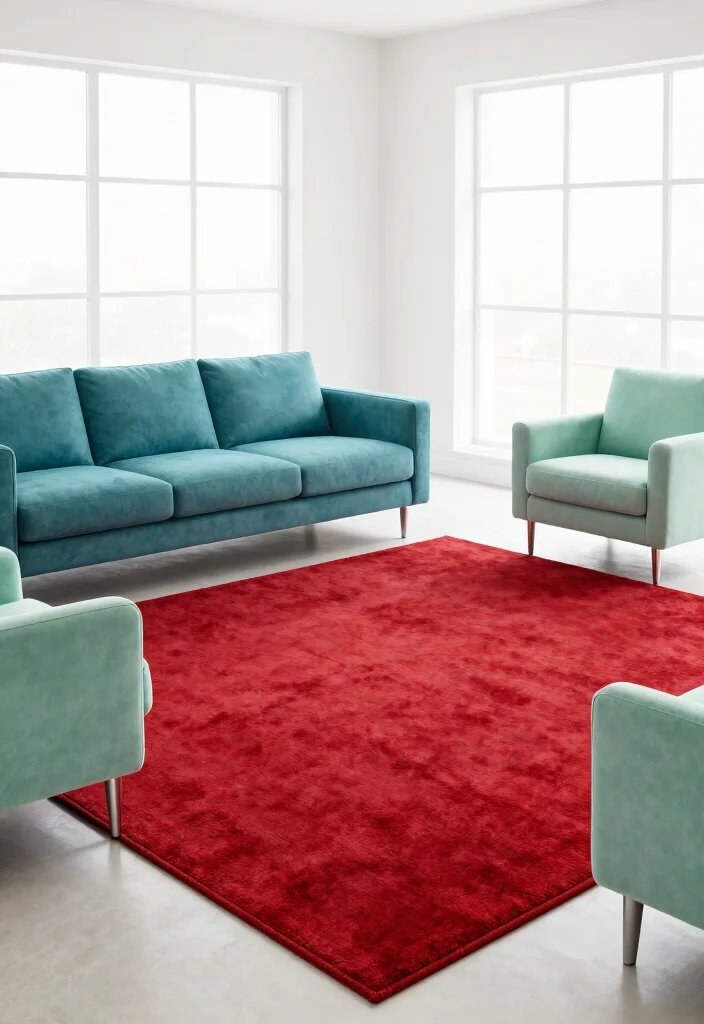 16 Red Rug Living Room Decor Ideas: Statement Color Pop - 8. Contrast with Cool Tones 1