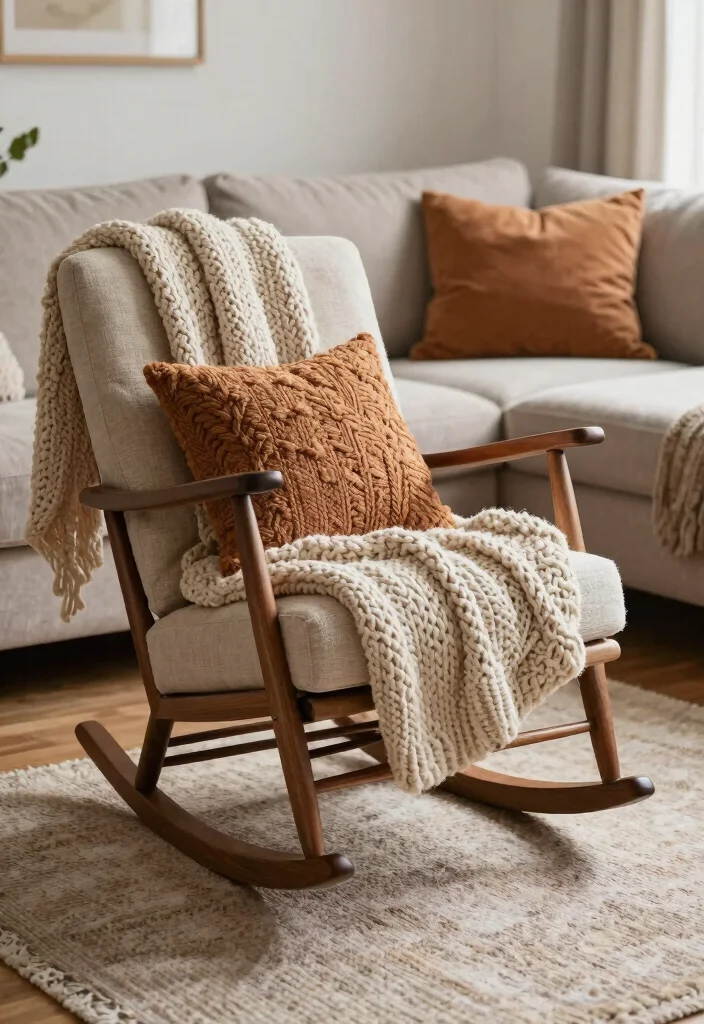 16 Rocking Chair Living Room Ideas Timeless Cozy Charm - 13. Layered Textures: Tactile Comfort 1