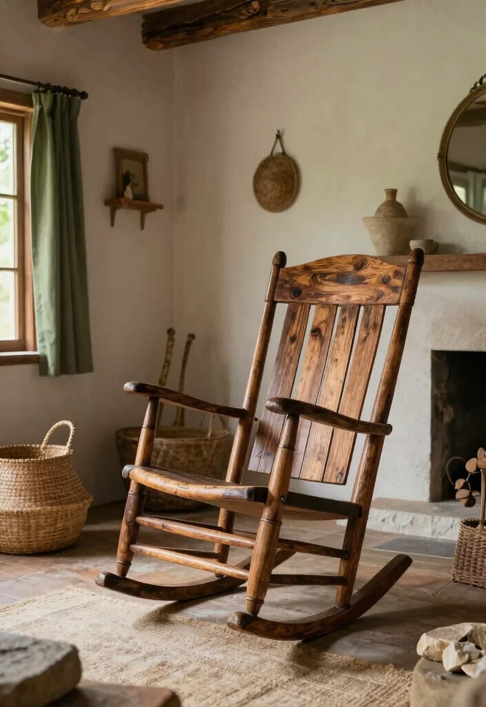 16 Rocking Chair Living Room Ideas Timeless Cozy Charm - 16. Rustic Retreat: Earthy Tones and Natural Elements 1